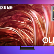 Samsung S85D OLED TV on a purple background