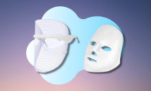 dermatreat light therapy mask from two angles with colorful background