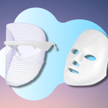 dermatreat light therapy mask from two angles with colorful background