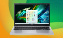 the acer aspire 3 against a green and yellow abstract background