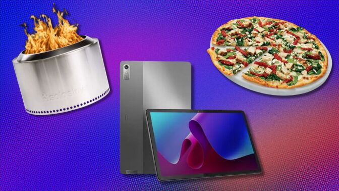 a solo stove, lenovo tablet, and pizza on a purple background