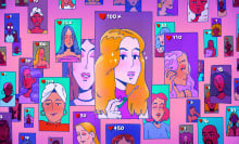 Illustration of several vertical video screens, all showing makeup videos featuring people of different races. In the center is a white, blonde-haired woman, and that video has the most likes.