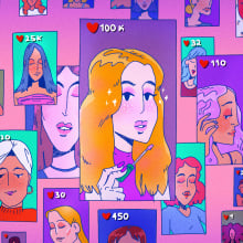 Illustration of several vertical video screens, all showing makeup videos featuring people of different races. In the center is a white, blonde-haired woman, and that video has the most likes.