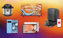 Instant Pot Duo Plus, Google Pixel 8 Pro, 4-Series Fire TV, Samsung Galaxy Tab S10+, and Roborock QRevo Plus with colorful gradient background