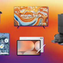 Instant Pot Duo Plus, Google Pixel 8 Pro, 4-Series Fire TV, Samsung Galaxy Tab S10+, and Roborock QRevo Plus with colorful gradient background