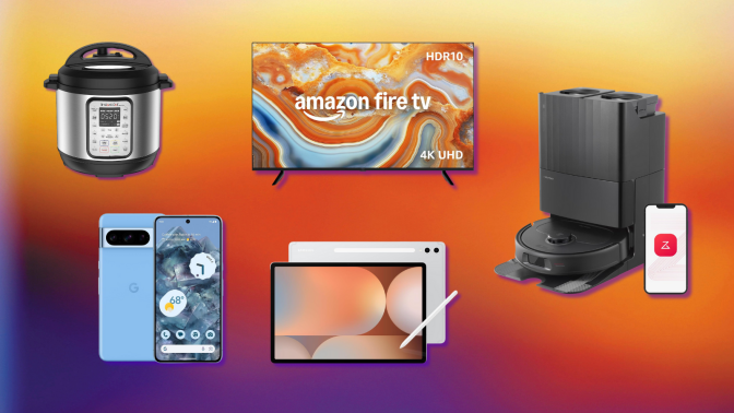 Instant Pot Duo Plus, Google Pixel 8 Pro, 4-Series Fire TV, Samsung Galaxy Tab S10+, and Roborock QRevo Plus with colorful gradient background