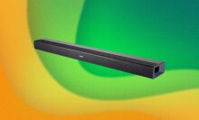 A Denon soundbar appears on a swirly green and yellow background.