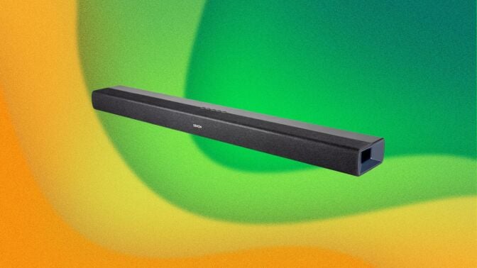 A Denon soundbar appears on a swirly green and yellow background.