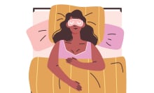 An illustration of a woman sleeping with an eyemask on.