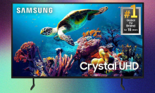 Samsung 55-inch DU6900 on a green to purple gradient background