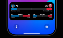 A demonstrative graphic of Apple News' 2024 U.S. presidential election Lock Screen widget, showing electoral votes for Kamala Harris and Donald Trump.
