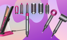 Dyson haircare products on a colorful background