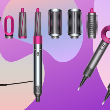 Dyson haircare products on a colorful background