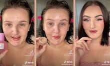 Three screenshots of TikTok videos by @mikaylanogueira showing her makeup techniques.