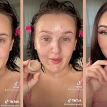 Three screenshots of TikTok videos by @mikaylanogueira showing her makeup techniques.