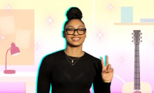 JuJu Watkins in her signature top bun and glasses, wearing a black long sleeve top. Behind her is an illustration of a desk and a guitar.