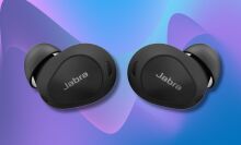 black jabra elite 10 earbuds on a purple and blue wavy background