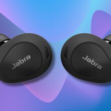 black jabra elite 10 earbuds on a purple and blue wavy background