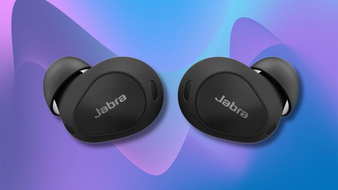 black jabra elite 10 earbuds on a purple and blue wavy background