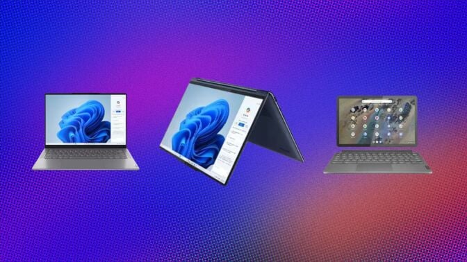 Three Lenovo laptops appear on a purple and orange background.