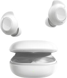 a white pair of samsung galaxy buds with included white case