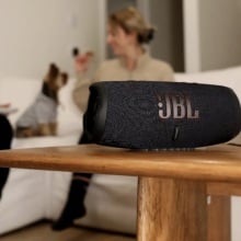 jbl charge 5 speaker on coffee table in front of two women and dog sitting on living room couch