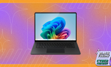 the microsoft surface laptop 7 against a pink and orange gradient background with faint line art. there's a black friday/cyber monday logo in the lower right corner