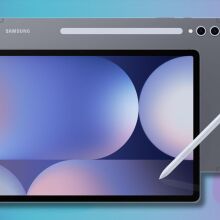 a samsung galaxy tab s10 plus tablet with a pen on a light blue and purple gradient background