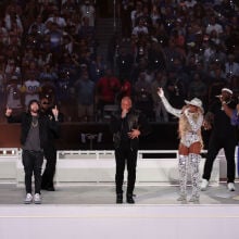 Dr. Dre, Mary J. Blige, Snoop Dogg, Eminem, Kendrick Lamarr, and 50 Cent performing at the 2022 halftime show