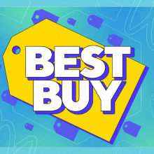 the best buy logo against a blue and green gradient background surrounded by shopping icons. there's a "black friday/cyber monday" tag in the bottom right corner