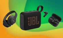 Two JBL Tune headphone sets and a JBL Go 4 speaker appear on a yellow and green swirly background.