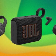 Two JBL Tune headphone sets and a JBL Go 4 speaker appear on a yellow and green swirly background.