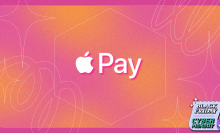 Apple Pay logo in front of a pink and orange background with a black friday and cyber monday graphic