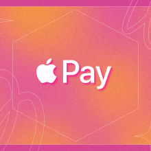 Apple Pay logo in front of a pink and orange background with a black friday and cyber monday graphic