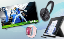 TCL Tv, Apple watch, Bose headphones, and Microsoft surface pro with blue gradient background