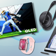 TCL Tv, Apple watch, Bose headphones, and Microsoft surface pro with blue gradient background