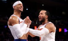  Josh Hart #3 and Jalen Brunson #11 of the New York Knicks react against the San Antonio Spurs during the fourth quarter at Madison Square Garden on December 25, 2024 in New York City.