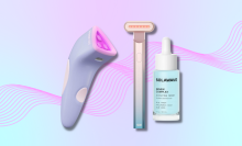 Solawave Bye Acne device and skincare wand with colorful background