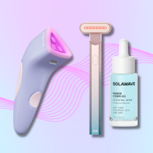 Solawave Bye Acne device and skincare wand with colorful background