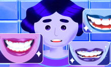 Illustration of a woman in blue surrounded by closeup images of straight, white teeth.