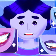 Illustration of a woman in blue surrounded by closeup images of straight, white teeth.