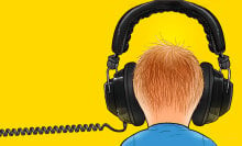 An illustration of the back of a child's head. The child is wearing over-ear headphones.