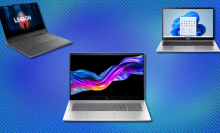 Multiple laptops on blue and purple pixelated background