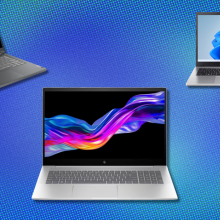 Multiple laptops on blue and purple pixelated background