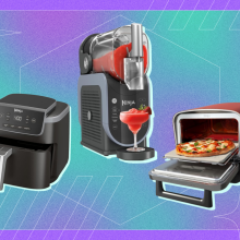 Ninja air fryer, Ninja Slushi frozen drink maker, and Ninja pizza oven on green and purple backdrop