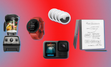 Vitamix blender, Garmin Forerunner, Apple AirTags, GoPro Hero 13, and Kindle Scribe with red and blue background