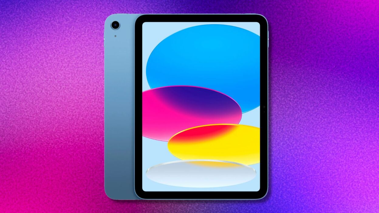 a blue 10th generation ipad on a purple and pink gradient background