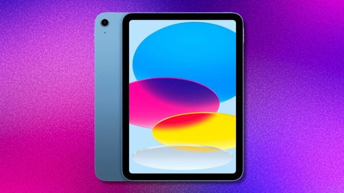 a blue 10th generation ipad on a purple and pink gradient background