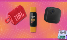 A red JBL portable speaker, a yellow Fitbit fitness tracker, and a black Blink security camera against a colorful background with "Black Friday Cyber Monday" text.