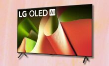 lg b4 oled tv angled on a light pink and orange background